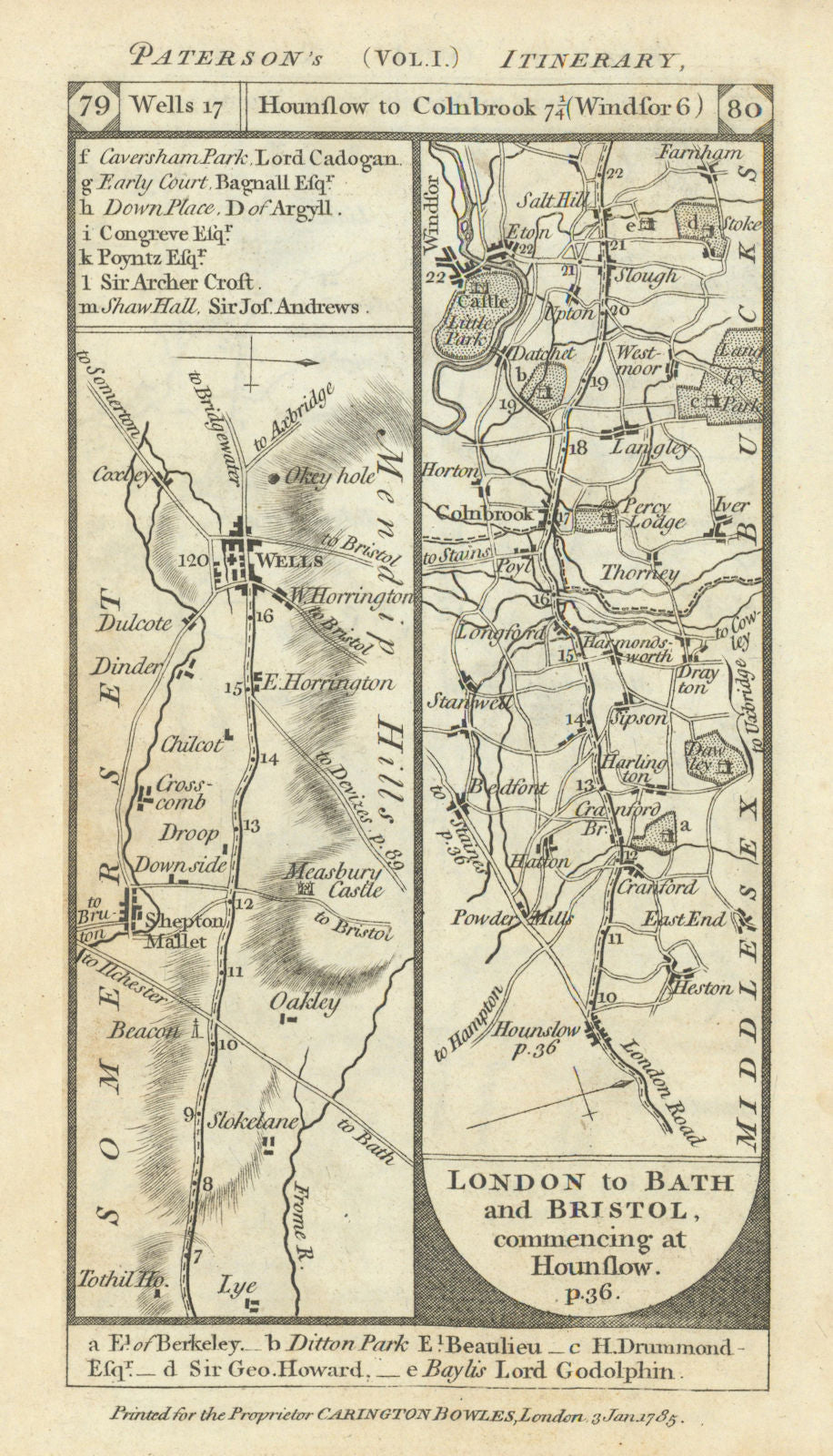 Shepton Mallet-Wells. Hounslow-Windsor-Slough road strip map PATERSON 1785